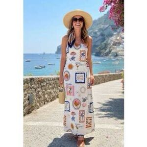 Summer Beach Maxi Dress - White Patterned Print